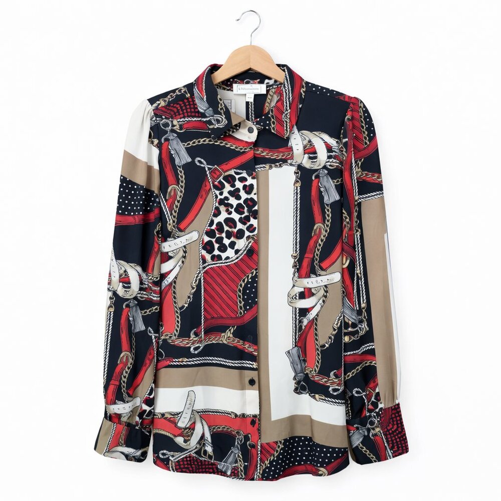#005 BLOUSEOLOGY | Red & Black & Tan Chain Pattern Buttonup Blouse - Small